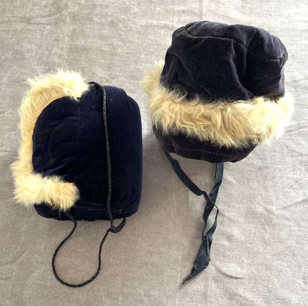 Vintage Child's Navy Velvet Winter Hat and Muff Set Cream Fur Trim 1930s-1940s